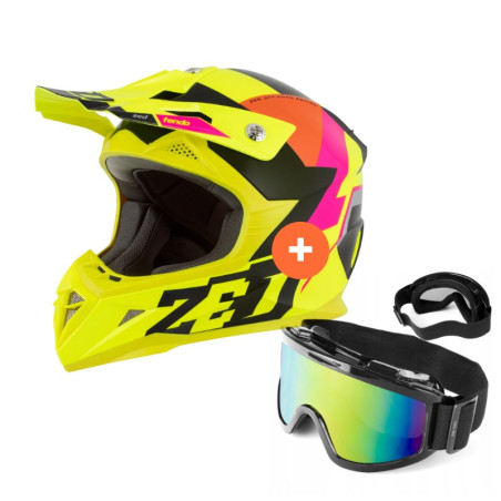 Zestaw: kask motocyklowy cross ZED X1.9 Tendo żółty fluo różowy pomarańczowy czarny (M) + gogle