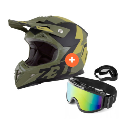 Zestaw: Kask motocyklowy cross ZED X1.9 Tendo ciemnozielony jasnozielony (M) + gogle multikolor