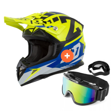 Zestaw: Kask motocyklowy cross ZED X1.9 Targa żółty fluo niebieski czarno-biały (M) + gogle multikolor