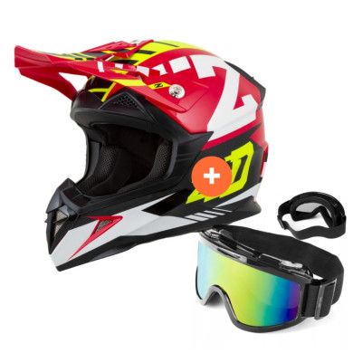 Zestaw: kask motocyklowy cross ZED X1.9 Targa czerwony żółty fluo czarny biały (XS) + gogle
