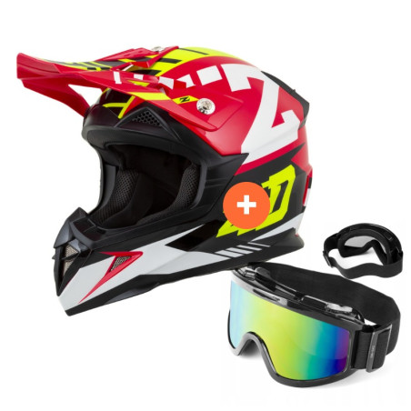 Zestaw: kask motocyklowy cross ZED X1.9 Targa czerwony żółty fluo czarny biały (XL) + gogle