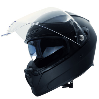 Motocyklová přilba HORN 838 s černým výškou nastavitelným štítem ECE 22.06, s integrovaným interkomem a Pinlockem.