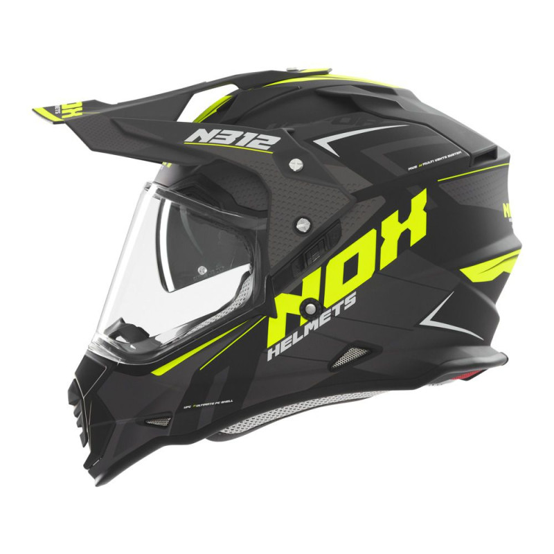 Kask enduro NOX N312 Vapor černý žlutý – ECE 22.06, výdechová mřížka, štít